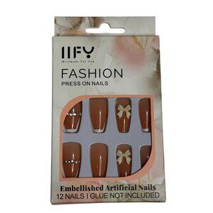 Nude Bow Press On Nails Rhinestone Embellished 12pc Set